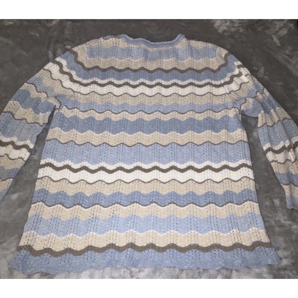 Alfred Dunner Women's L Large Blue Tan Brown Wave Knit Pointelle Sweater Top